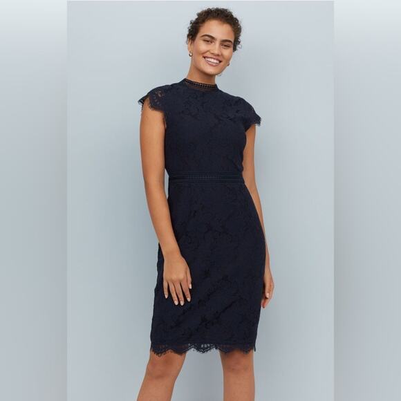 H&M Navy Lace Sheath Dress with Crew Neck and Short Sleeves Size L - Picture 1 of 8